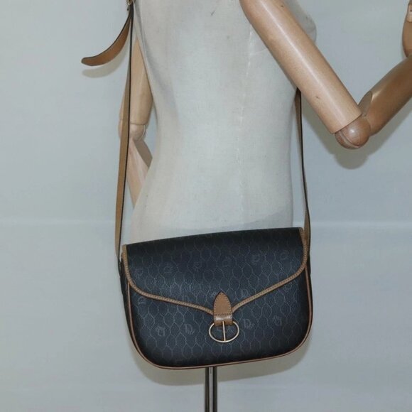 Christian Dior Honeycomb Canvas Shoulder Bag PVC Black Gold Auth - Picture 1 of 15